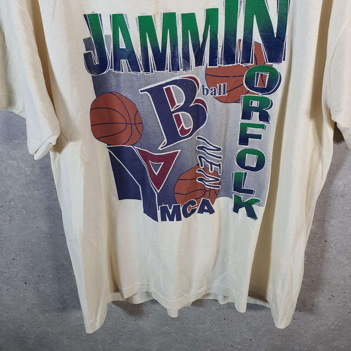 Vintage Fruit of the Loom Best Jammin Norfolk Basketball YMCA USA Single Stitch T Shirt Men’s XL Beige Big Fish Vintage