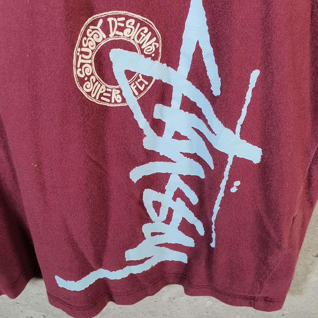 Vintage Stussy Spellout Printed Printed T Shirt Men’s Small Burgundy Red Graphic Short Sleeve Big Fish Vintage