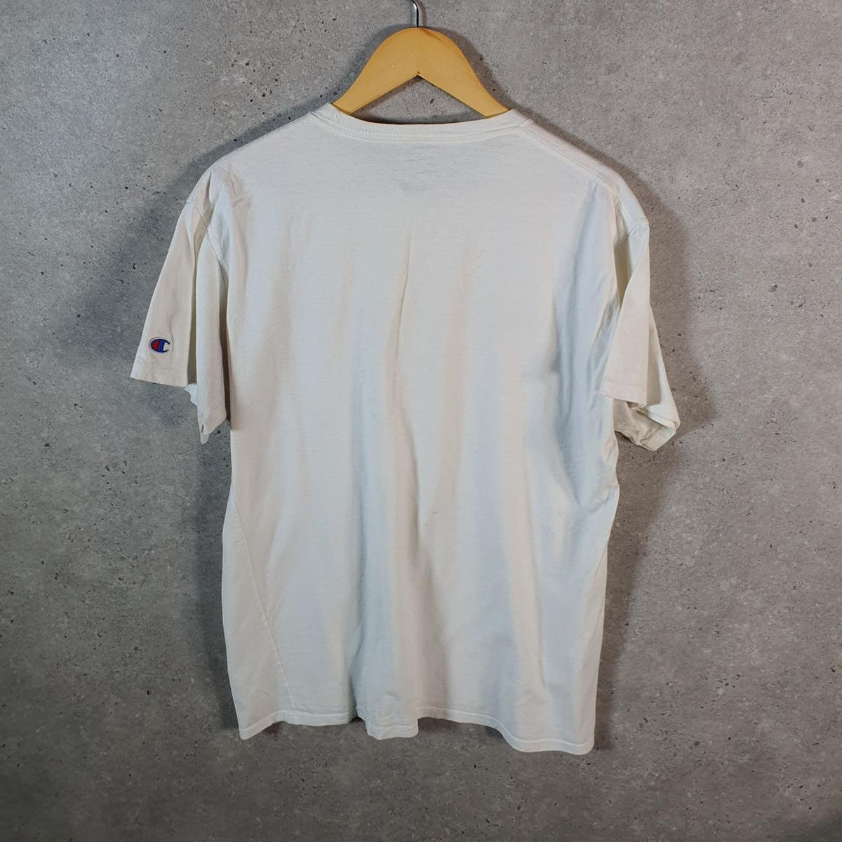Vintage Champion Embroidered Spellout Logo T Shirt Men’s Large White USA Athletic
