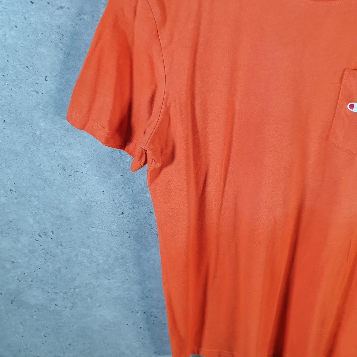Vintage Champion Embroidered Spellout T Shirt Men’s Small Orange USA Athletic