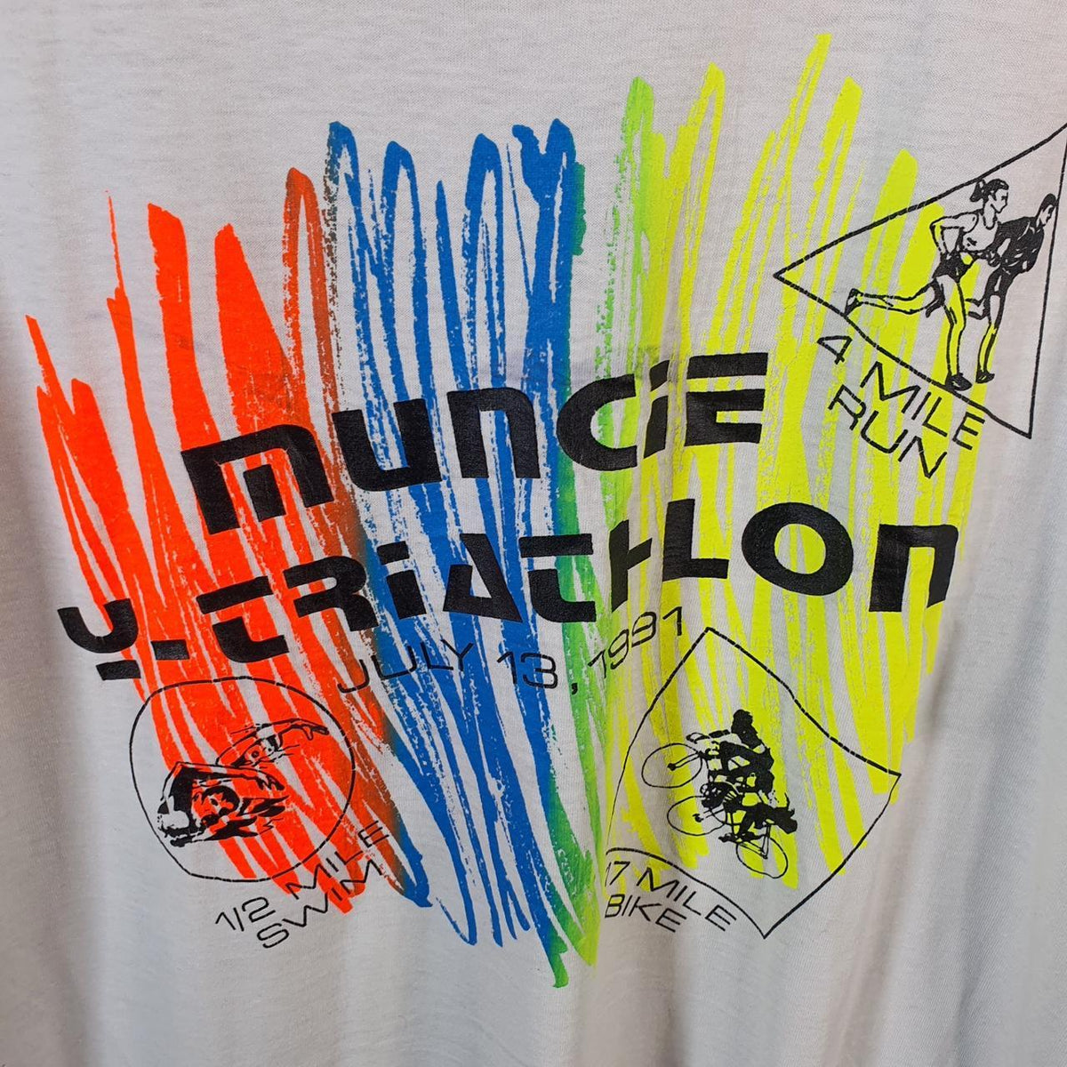 Vintage Screen Stars Best 1991 Muncie Triathlon USA Single Stitch T Shirt Men’s XL White Big Fish Vintage