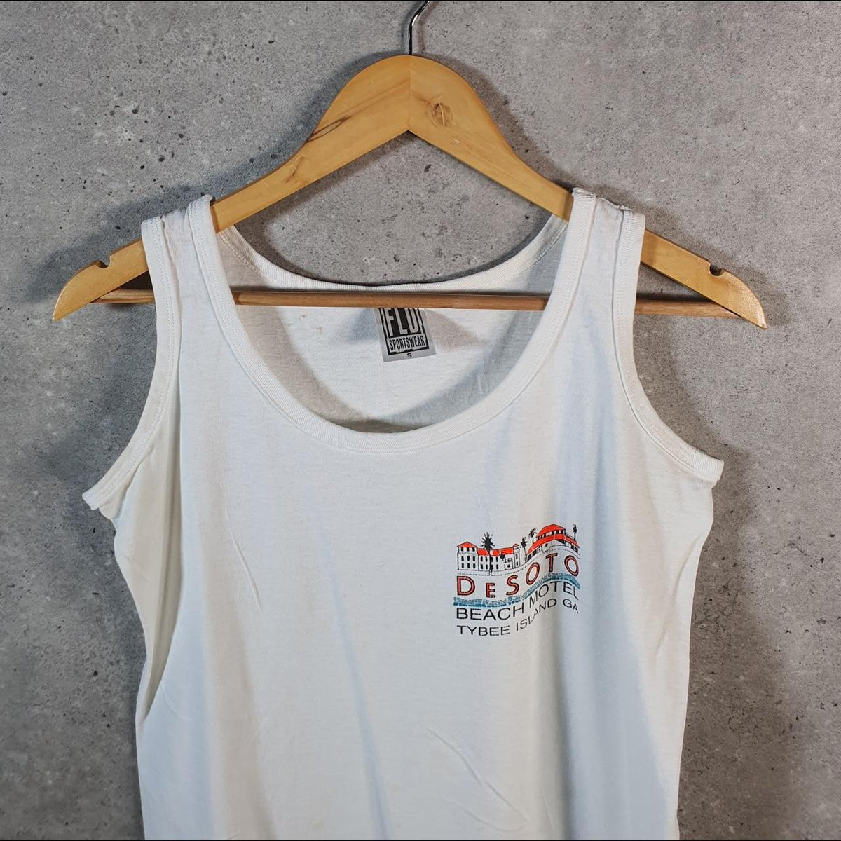 Vintage FLD Desoto Beach Tybee Island 90s Graphic USA Single Stitch Vest Men’s Small White