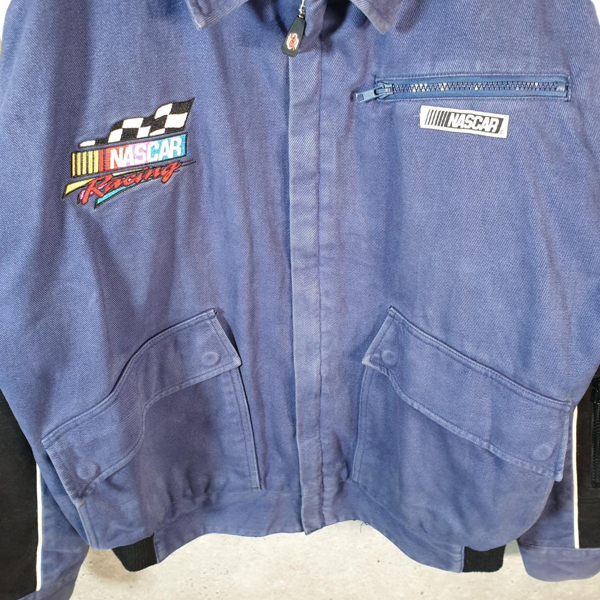 Vintage Nascar Racing Champions Motorsports Bomber Jacket Men’s Large Blue Motorcyle Biker USA Big Fish Vintage