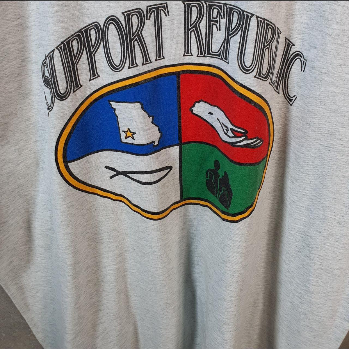 Vintage Fruit of the Loom Support Republic 90s USA Single Stitch T Shirt Men’s XL Grey C9492