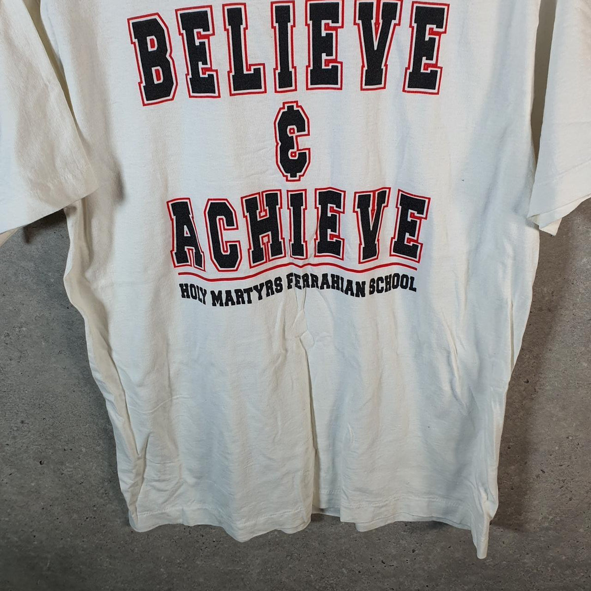 Vintage Sof Tee TeeJays Believe & Achieve Ferrahian School Single Stitch T Shirt Men’s Large White Big Fish Vintage