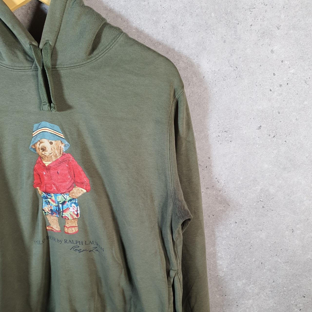 Vintage Ralph Lauren Polo Bear Spellout Hoodie Mens Medium Khaki Green Preppy Pony