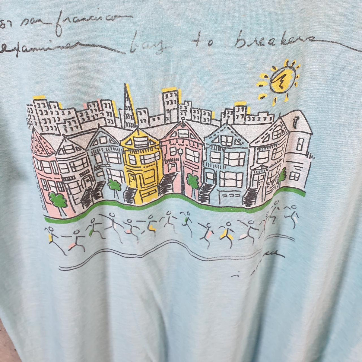 Vintage Village Houses Graphic USA 90s Single Stitch T Shirt Men’s Medium Blue C8945