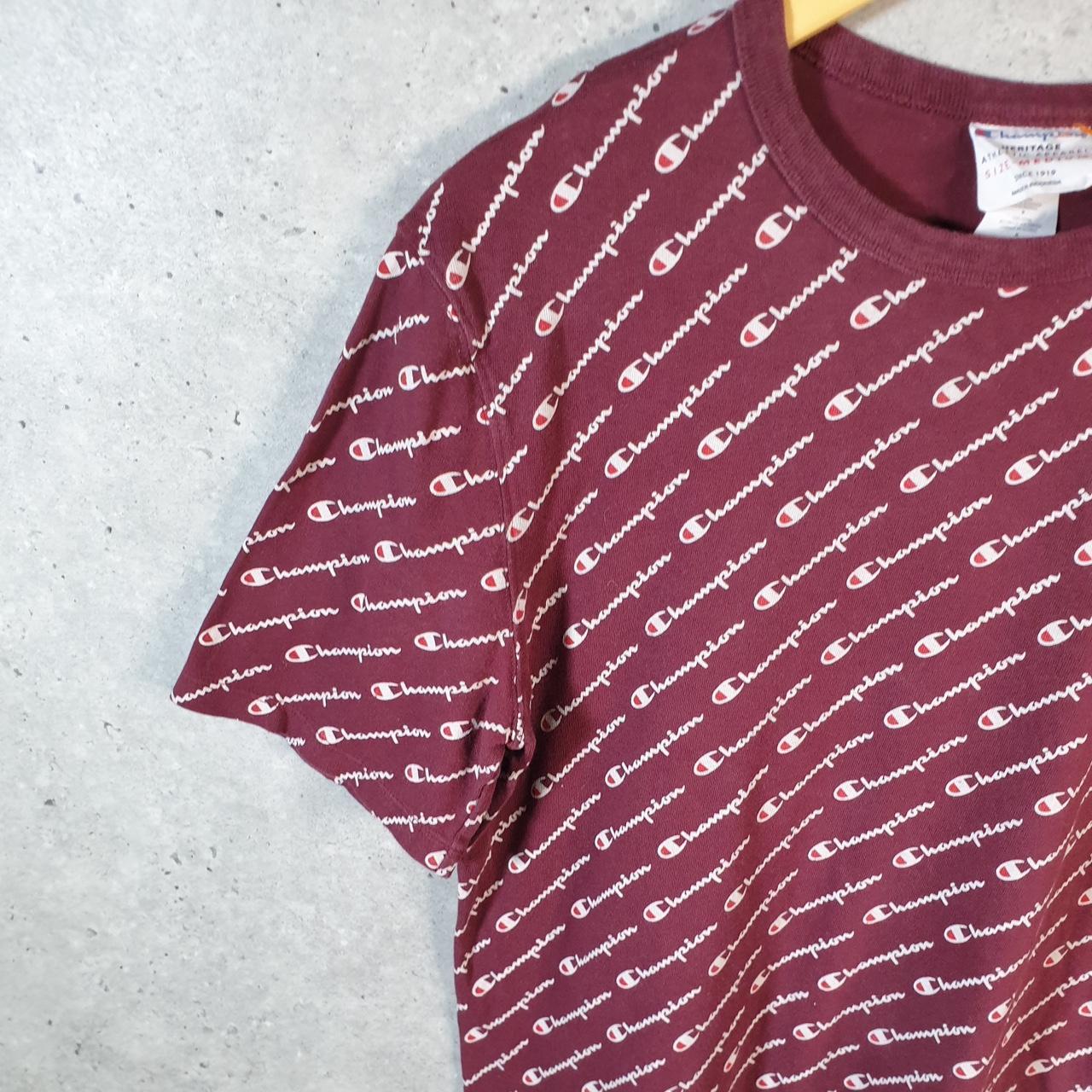 Vintage Champion AOP Spellout Logo T Shirt Mens Medium Burgundy Red USA Athletic