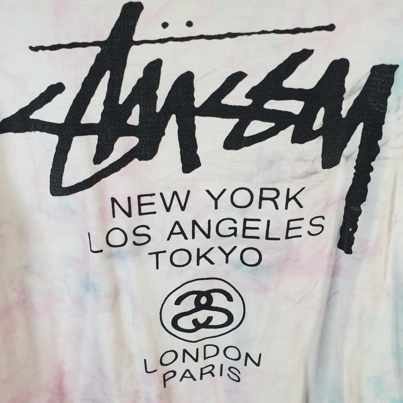 Vintage Stussy Spellout Tie Dye Printed T Shirt Men’s Small Pink Graphic Short Sleeve Big Fish Vintage