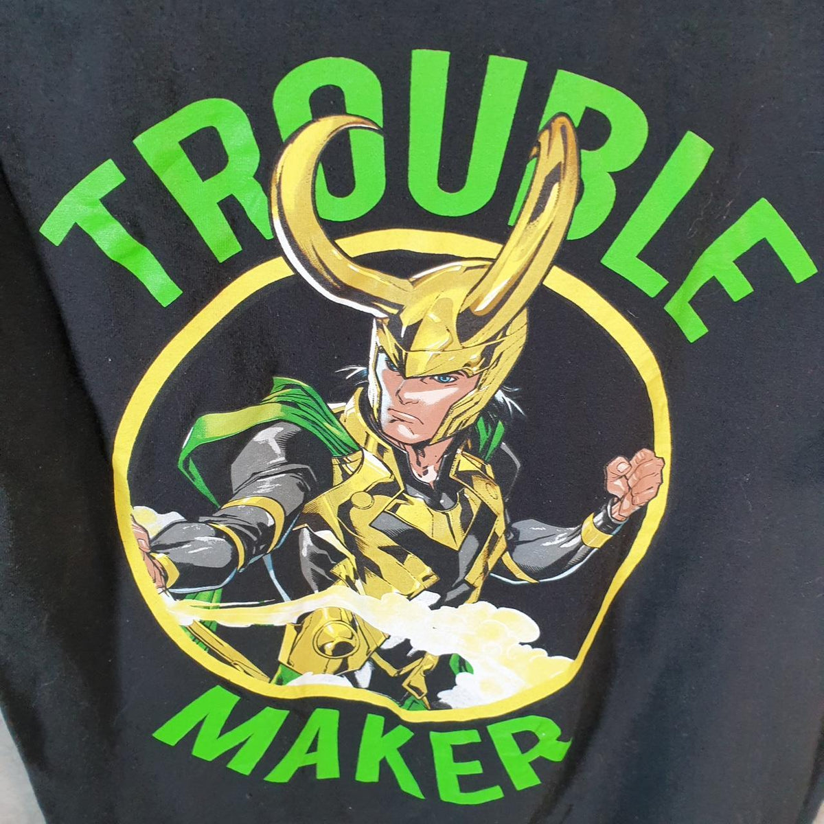 Vintage Marvel Loki Trouble Maker T Shirt Shirt Men’s Medium Black Logo Graphic Spellout C9591