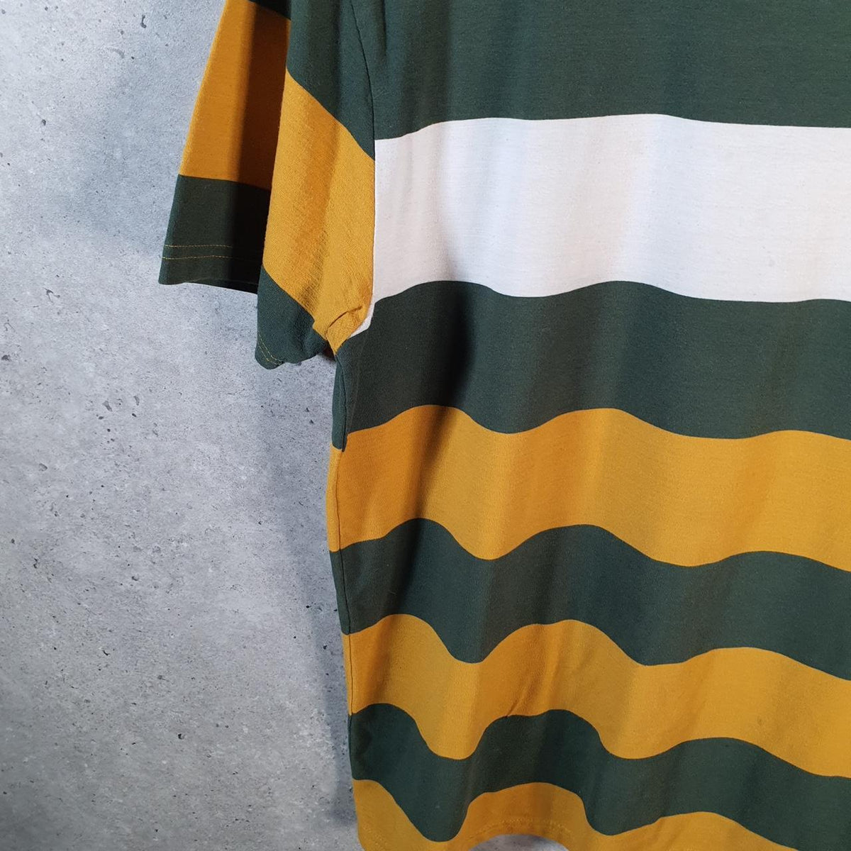 Vintage Tommy Hilfiger T Shirt Men’s Medium Green Yellow Striped Custom Fit Embroidered Logo