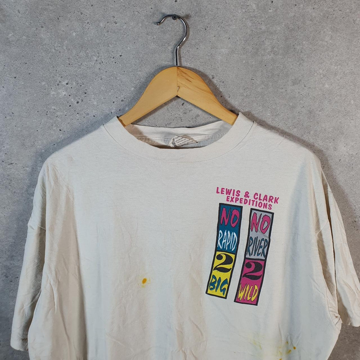 Vintage Oneita USA Lewis Clark Expeditions Single Stitch T Shirt Men’s XL White Big Fish Vintage