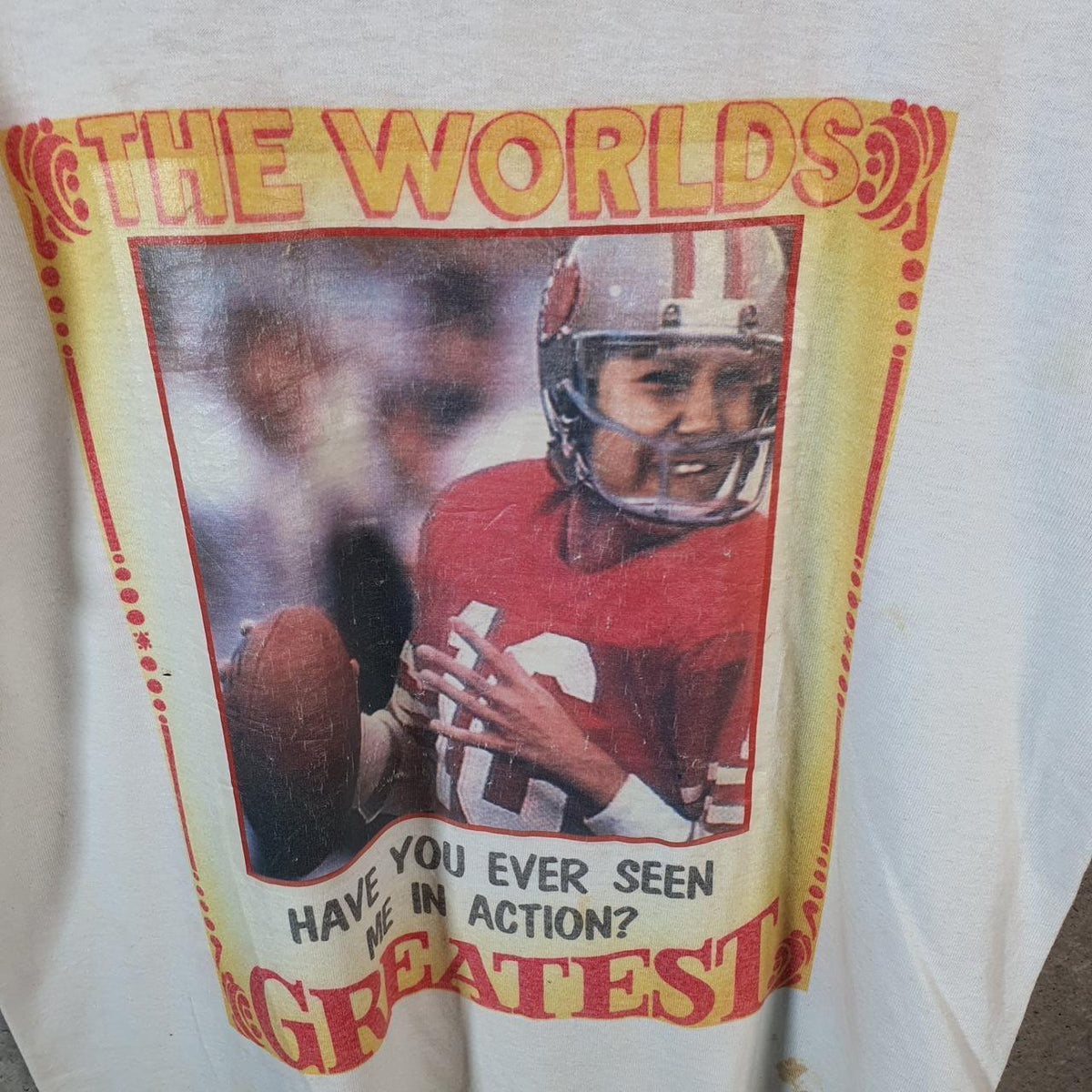 Vintage Screen Stars Words Greatest Joe Montana NFL USA Single Stitch T Shirt Men’s Medium White C9454