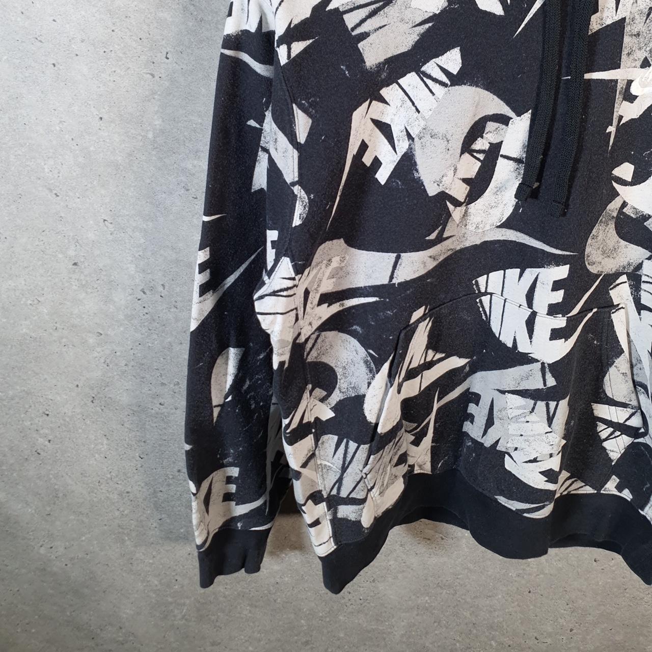 Vintage Nike Club All Over Print Hoodie Womens Large Black Swoosh Y2K Pullover Logo