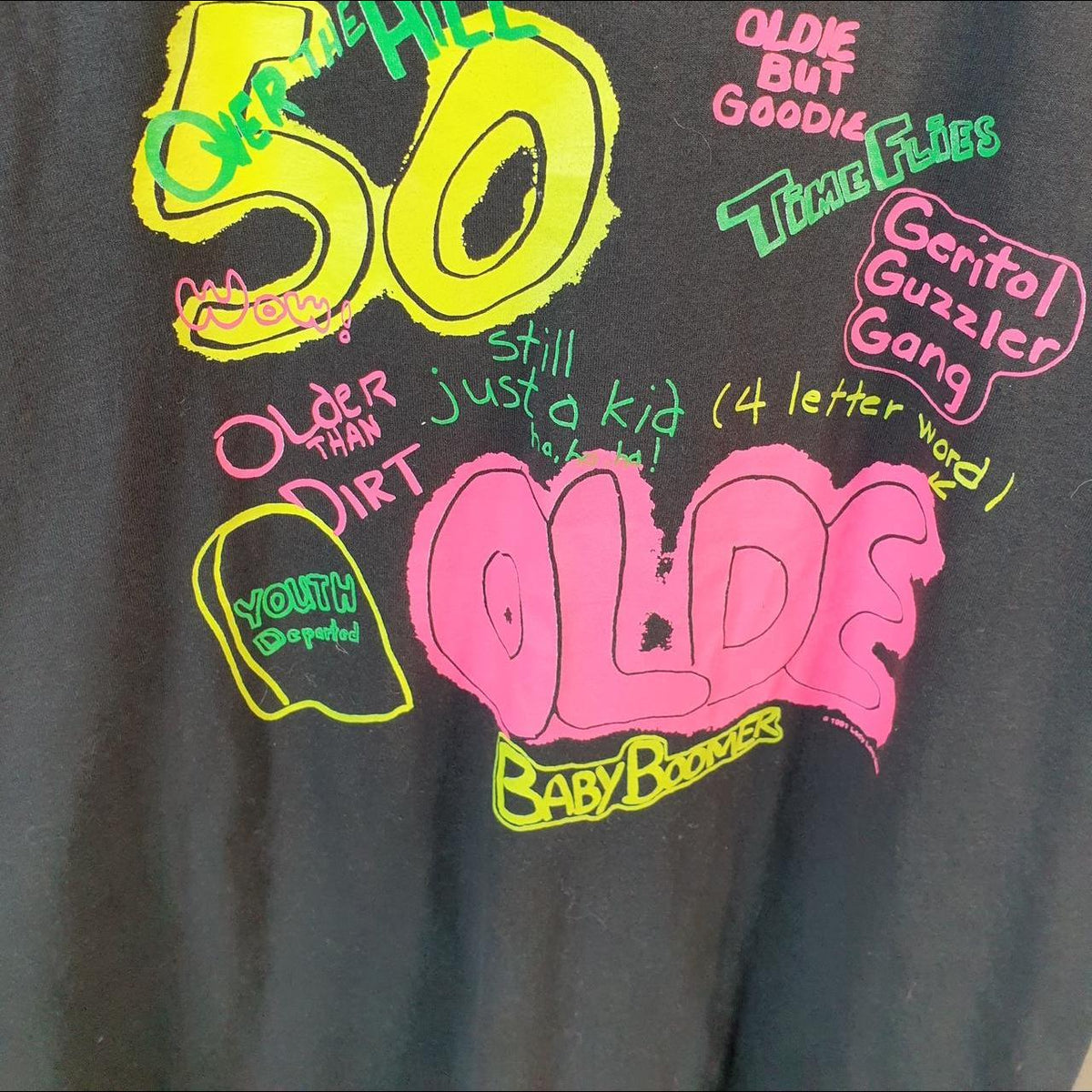 Vintage Fruit of the Loom Baby Boomer 90s Single Stitch T Shirt Men’s Large Black C8122