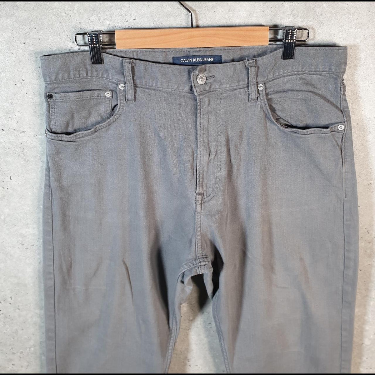 Vintage Calvin Klein Y2K Embroidered Jeans Mens W36 L27 Grey Hip Hop Pattern Pocket Big Fish Vintage