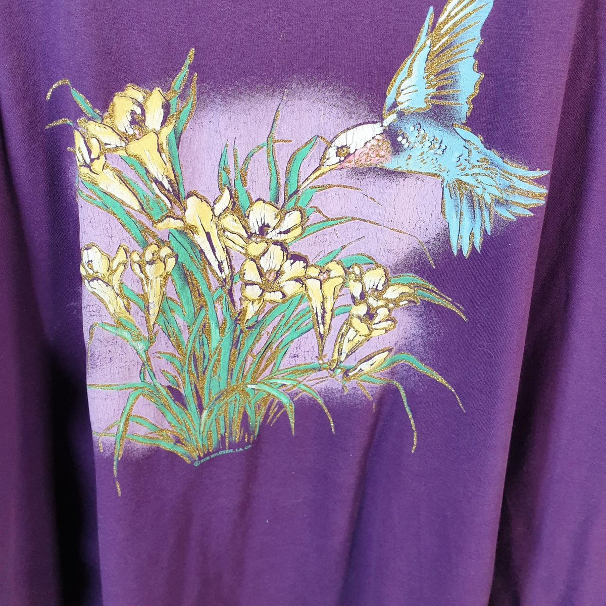 Vintage Flower Birds Graphic USA Single Stitch T Shirt Men’s Large Purple C8024
