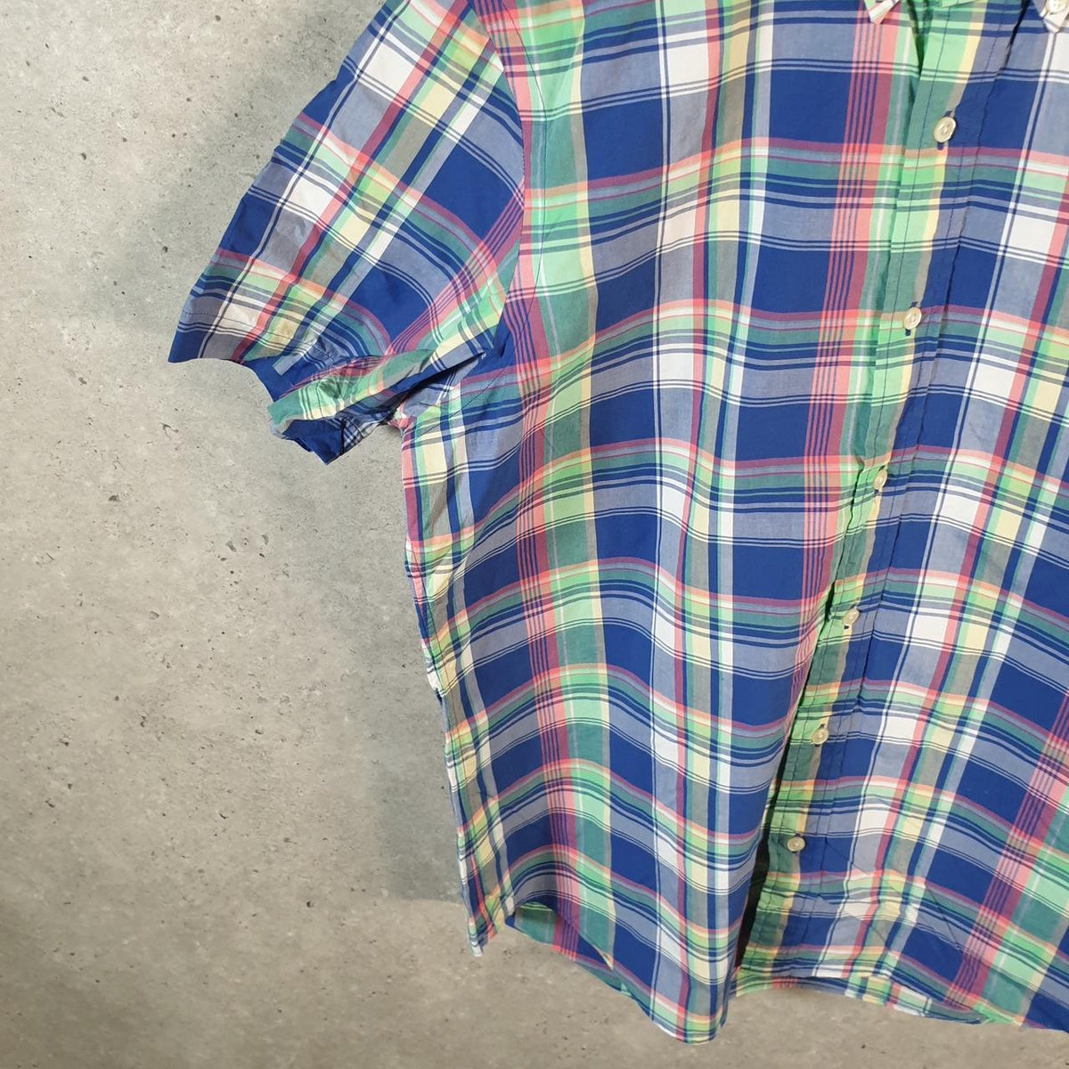 Vintage Ralph Lauren Button Down Shirt Men’s Medium Blue Checkered Short Sleeve Cotton Pony