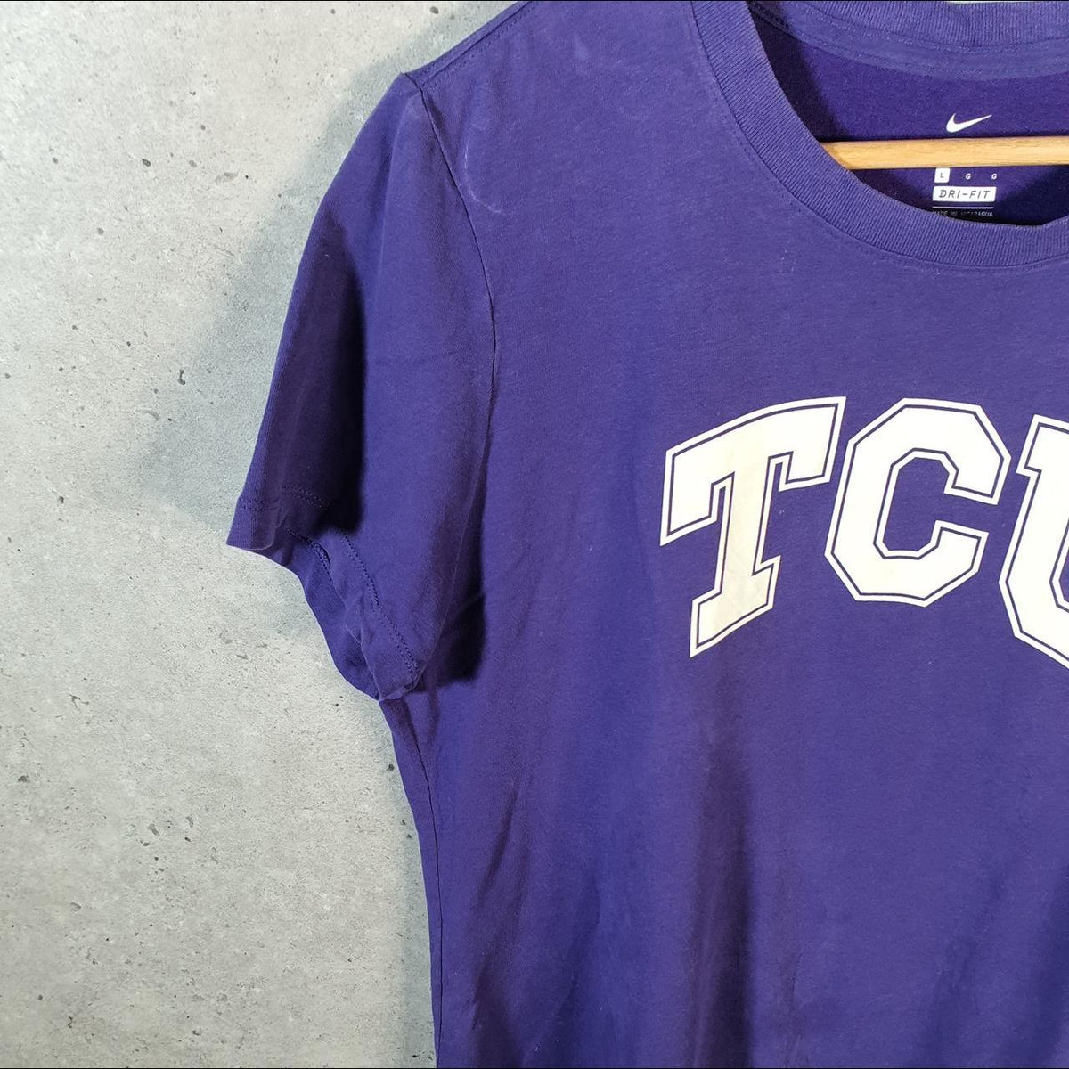 Vintage Nike Dri Fit TCU USA T Shirt Womens Large Purple Spellout Swoosh Athletic