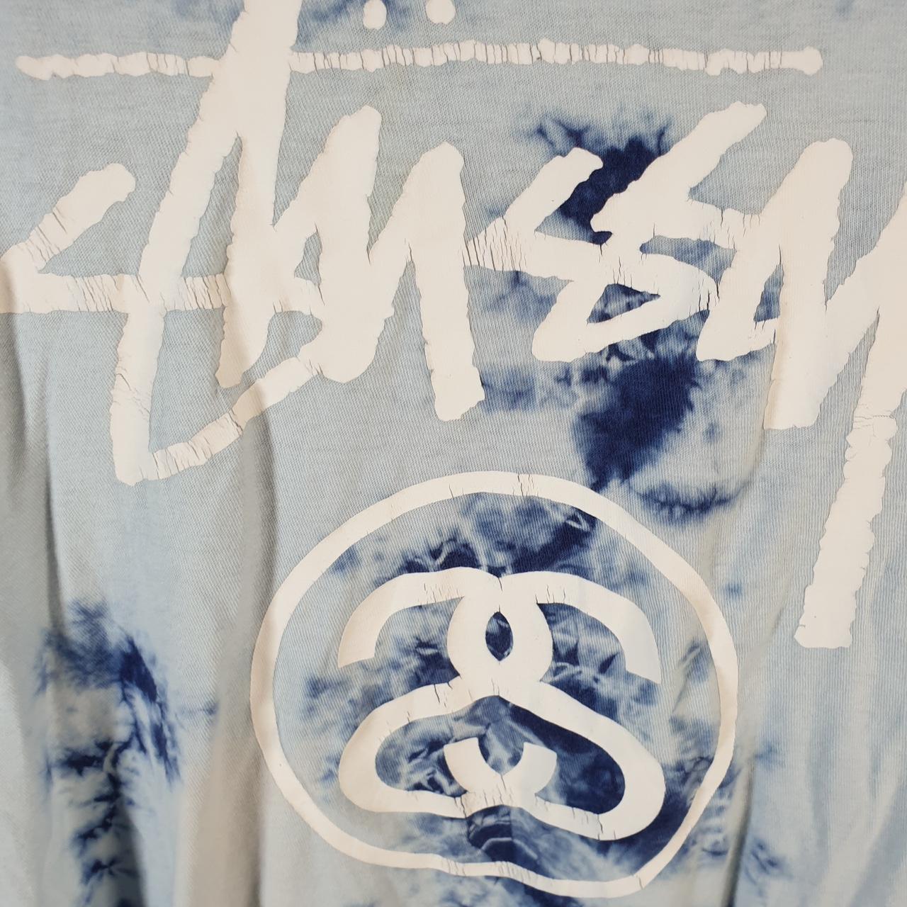 Vintage Stussy Spellout Tie Dye Printed T Shirt Men’s Small Blue Graphic Short Sleeve Big Fish Vintage