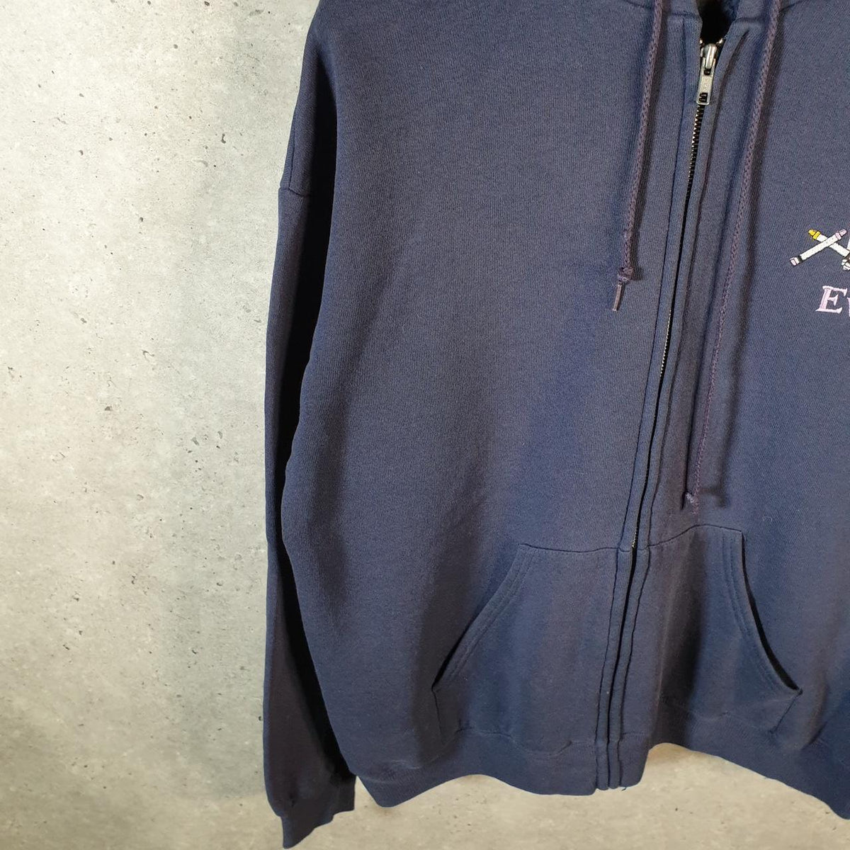 Vintage Lee Heavyweight Hoodie Men’s Large Navy Blue USA Evie Crayons Full Zip