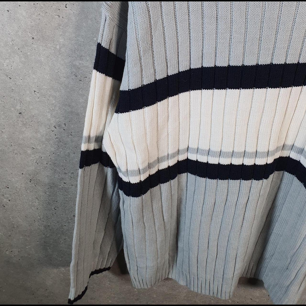 Vintage SouthPole Y2K Spellout Knit Sweater Jumper Mens Large Grey Striped Pullover Hip Hop