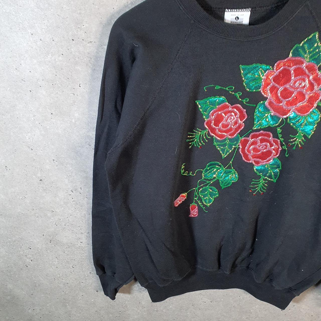 Vintage Lee Midweight Sweatshirt Men’s Large Black USA Flowers Embroidered