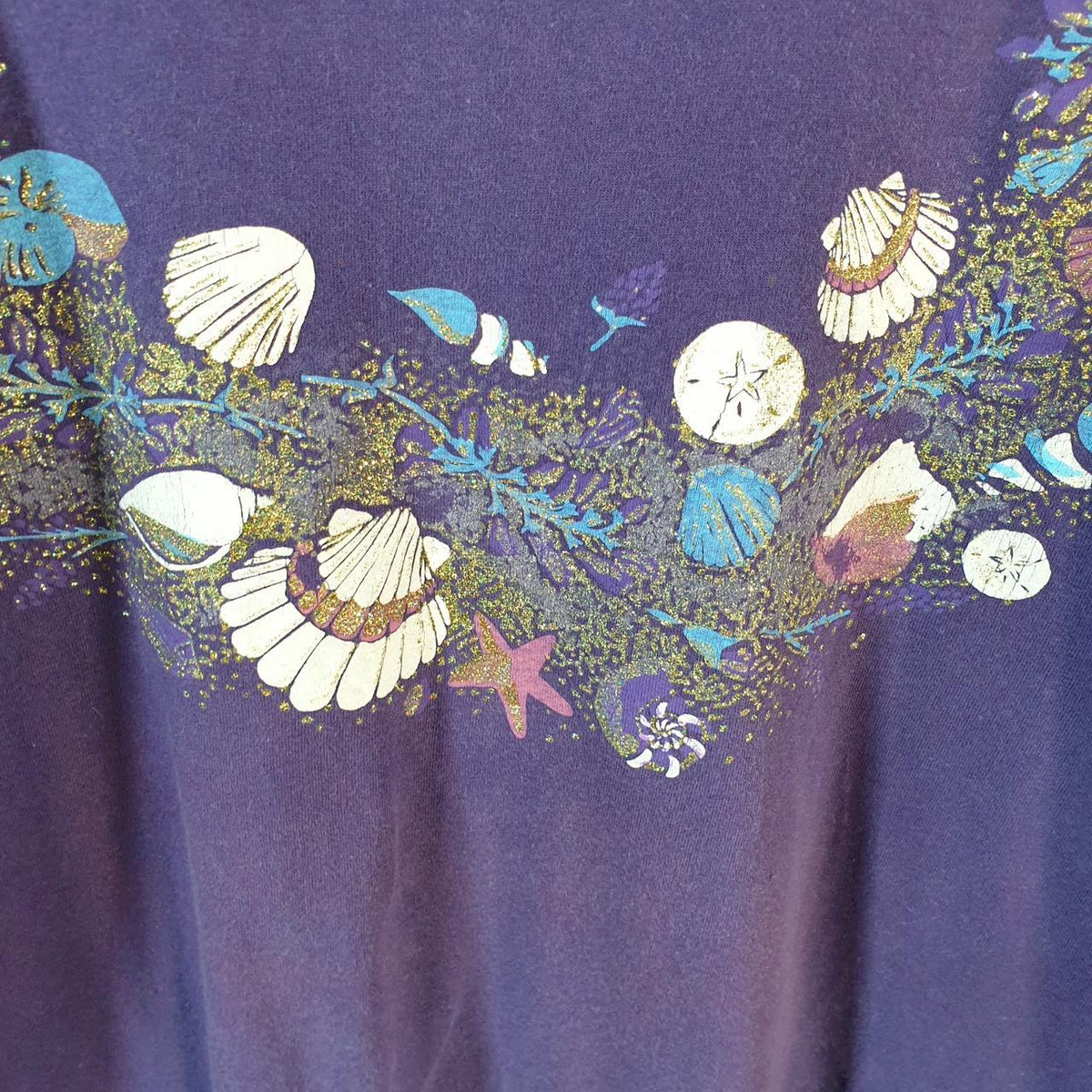 Vintage Sea Shells Beach Graphic USA 90s Single Stitch T Shirt Men’s XS Purple C8784