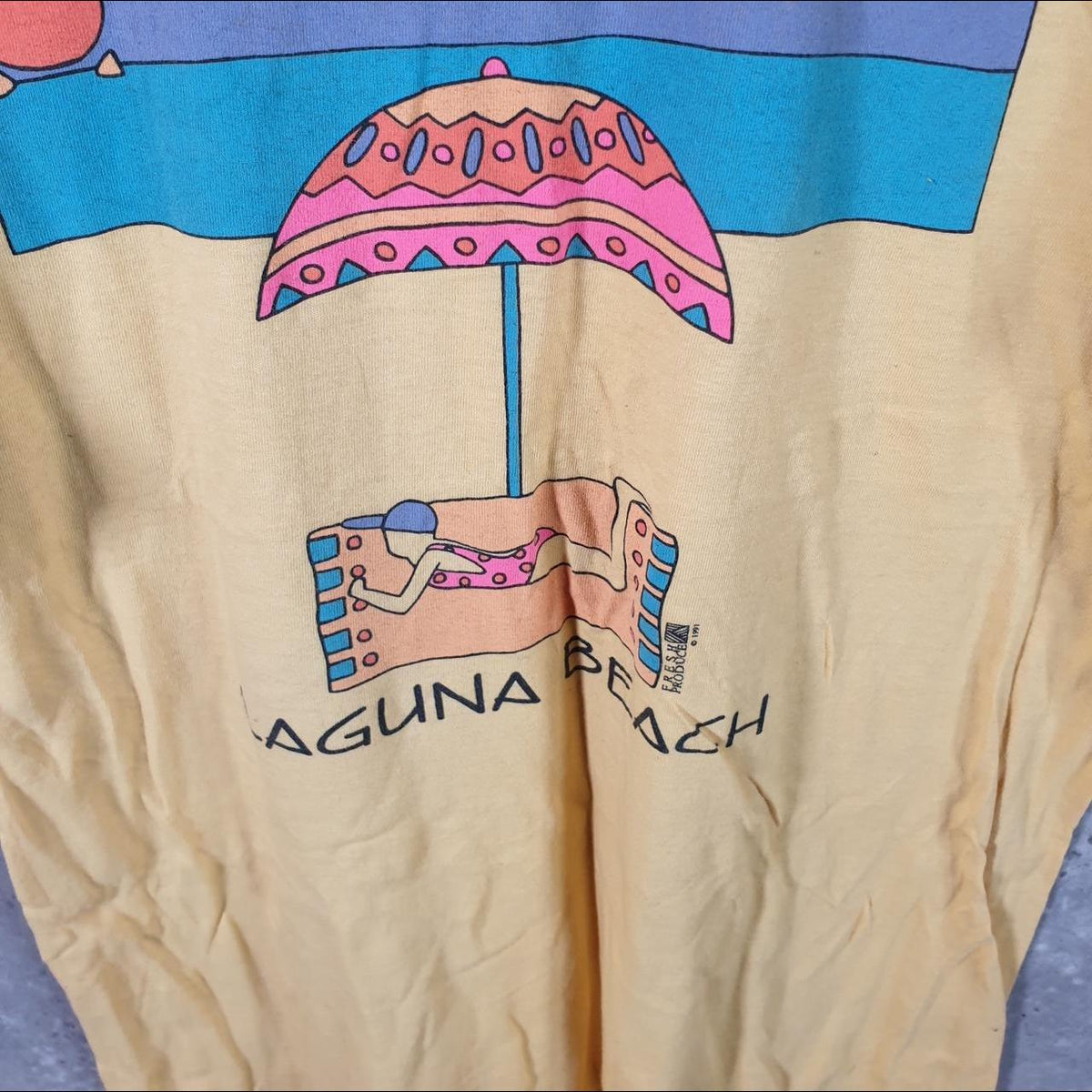 Vintage Fresh Produce Laguna Beach 1991 Graphic USA Single Stitch T Shirt Men’s Large Yellow