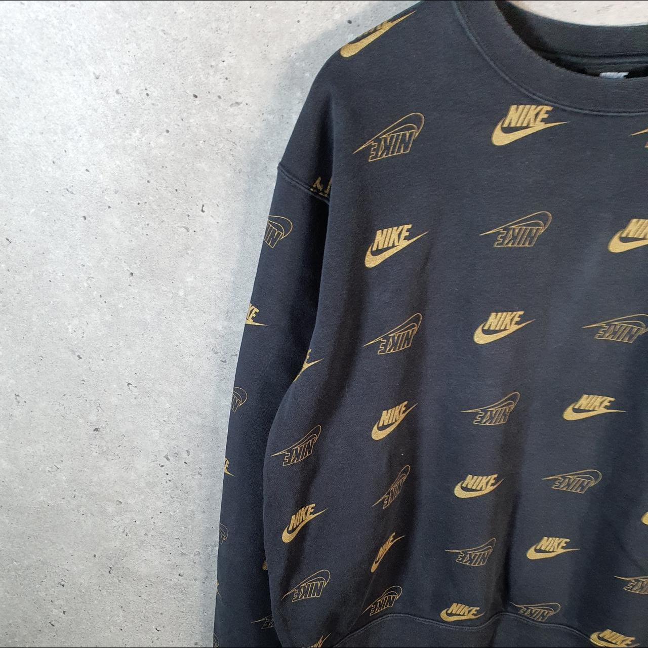 Vintage Nike Club All Over Print AOP Sweatshirt Men’s Large Black Swoosh Y2K Pullover Logo