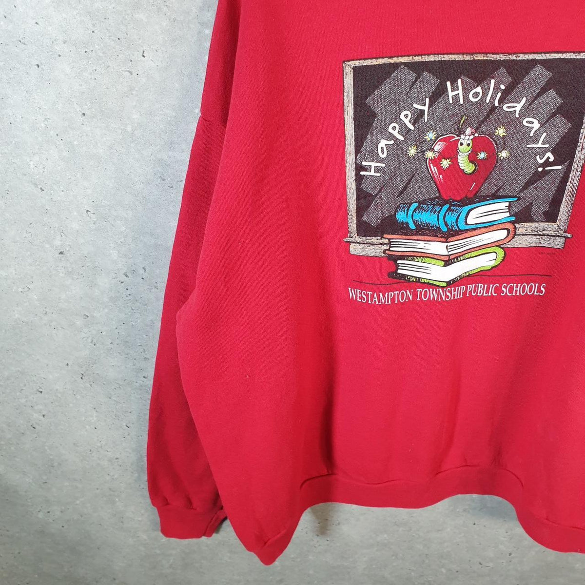 Vintage Lee Cotton Blend Sweatshirt Men’s XL Red USA Happy Holiday Westhampton Township
