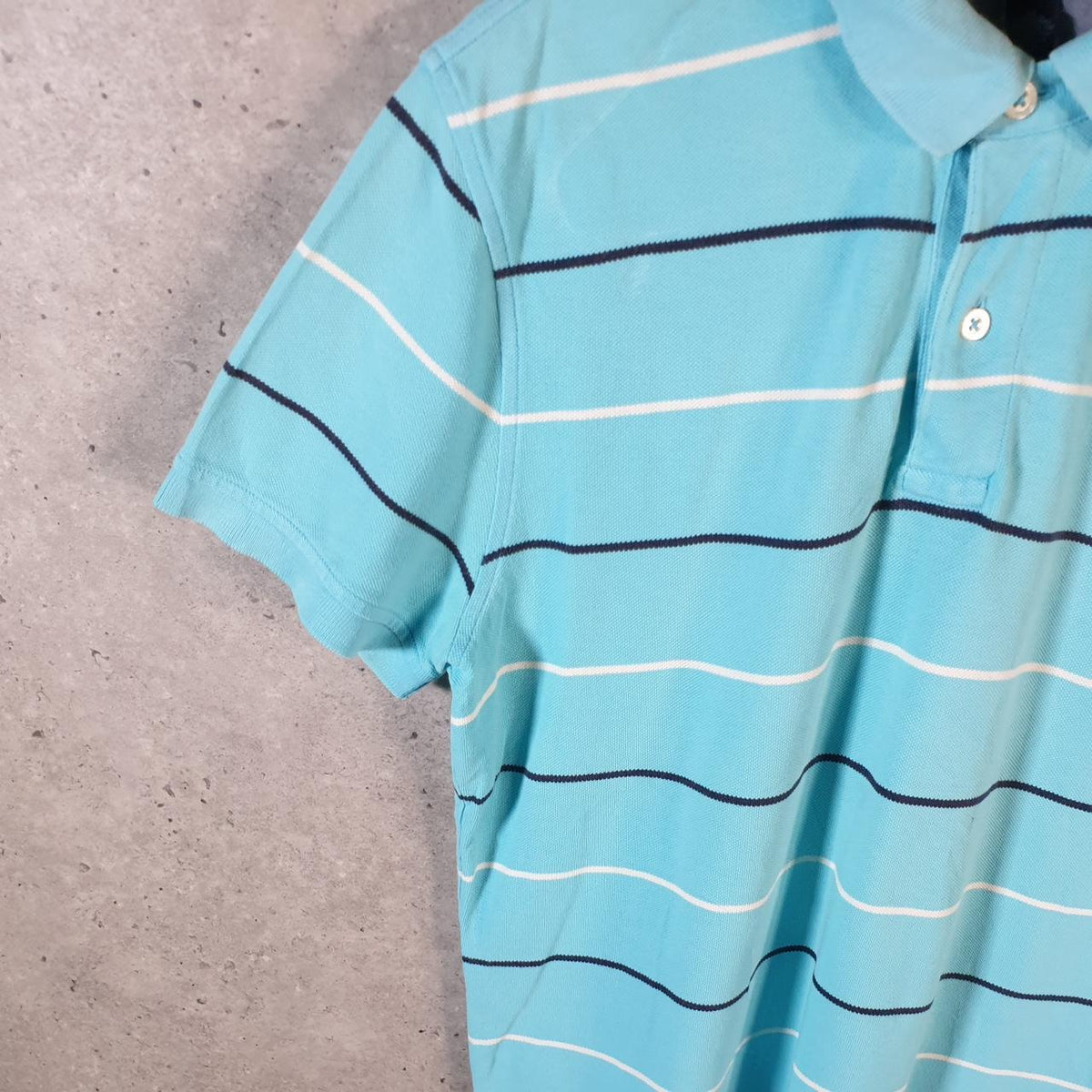 Vintage Tommy Hilfiger Polo Shirt Men’s Medium Blue Striped Custom Fit Embroidered Logo