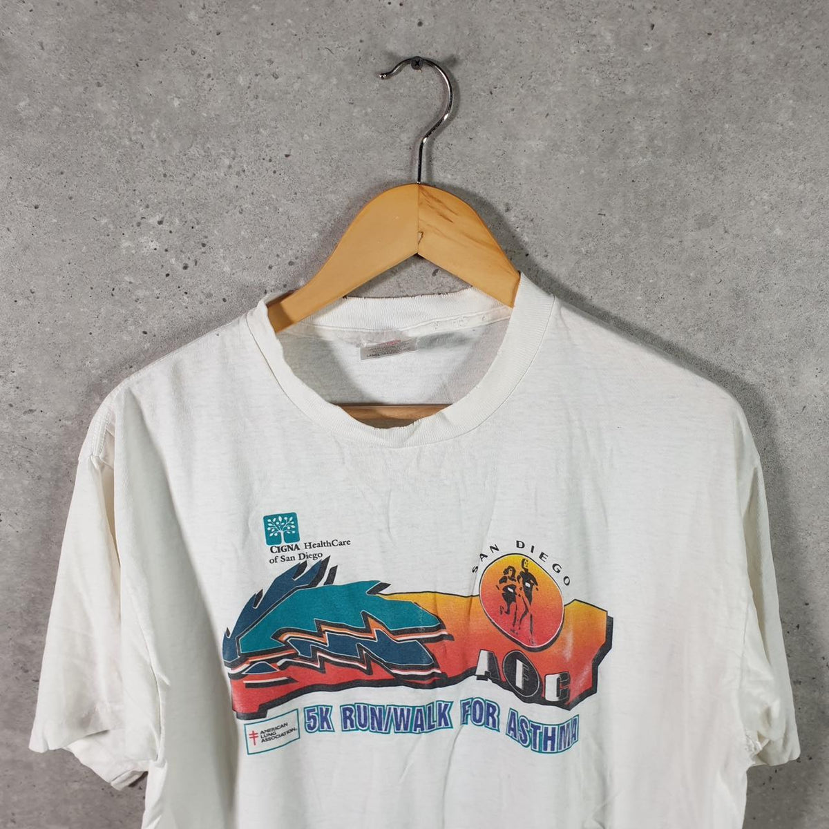 Vintage Oneita PowerPro San Diego 1996 5k T Single Stitch T Shirt Men’s Large White Big Fish Vintage