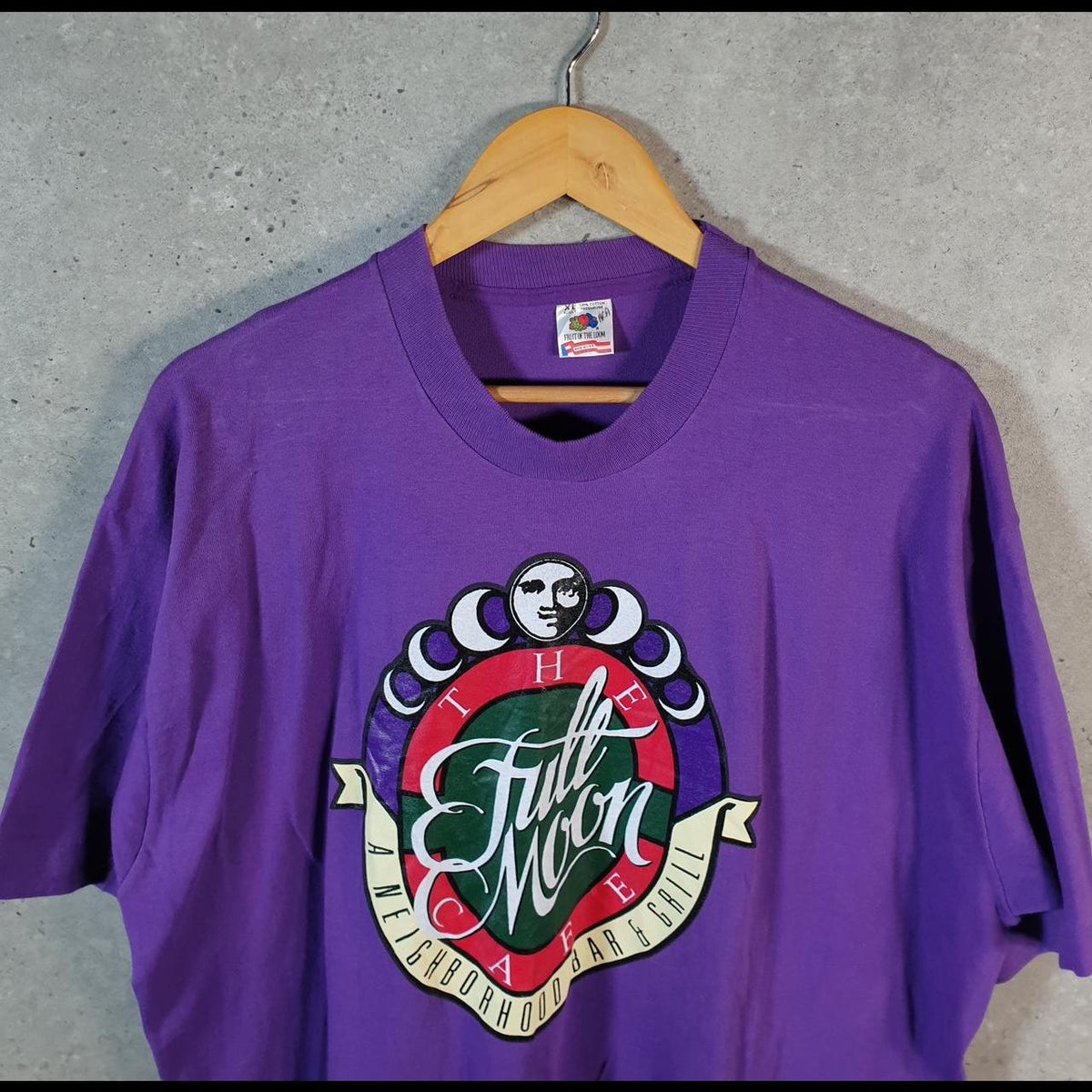 Vintage Fruit of the Loom Full Moon Cafe Oklahoma Tulsa 90s Single Stitch T Shirt Men’s XL Purple C8373
