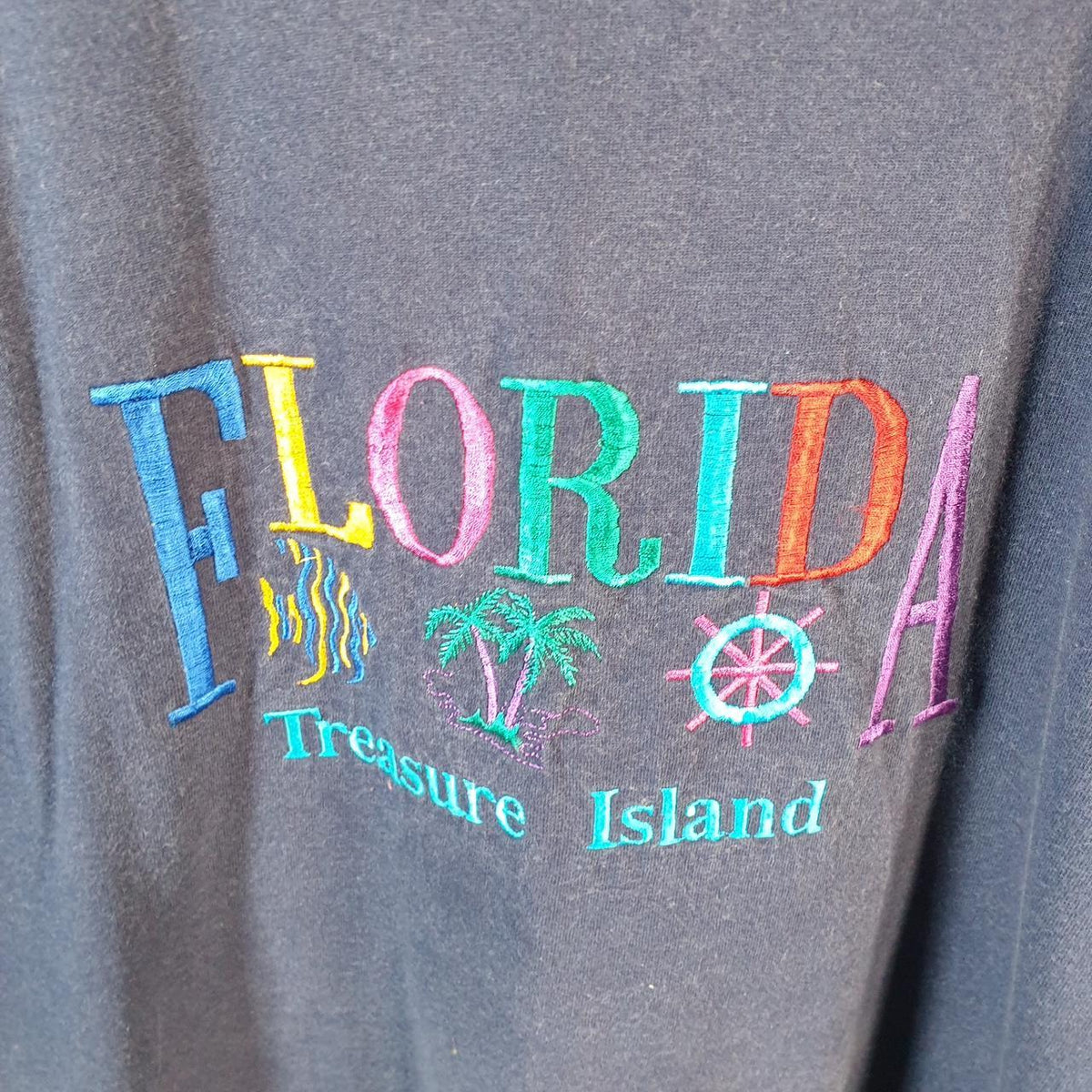Vintage Murina Florida Treasure Island Embroidered 90s USA Single Stitch T Shirt Womens Large Blue