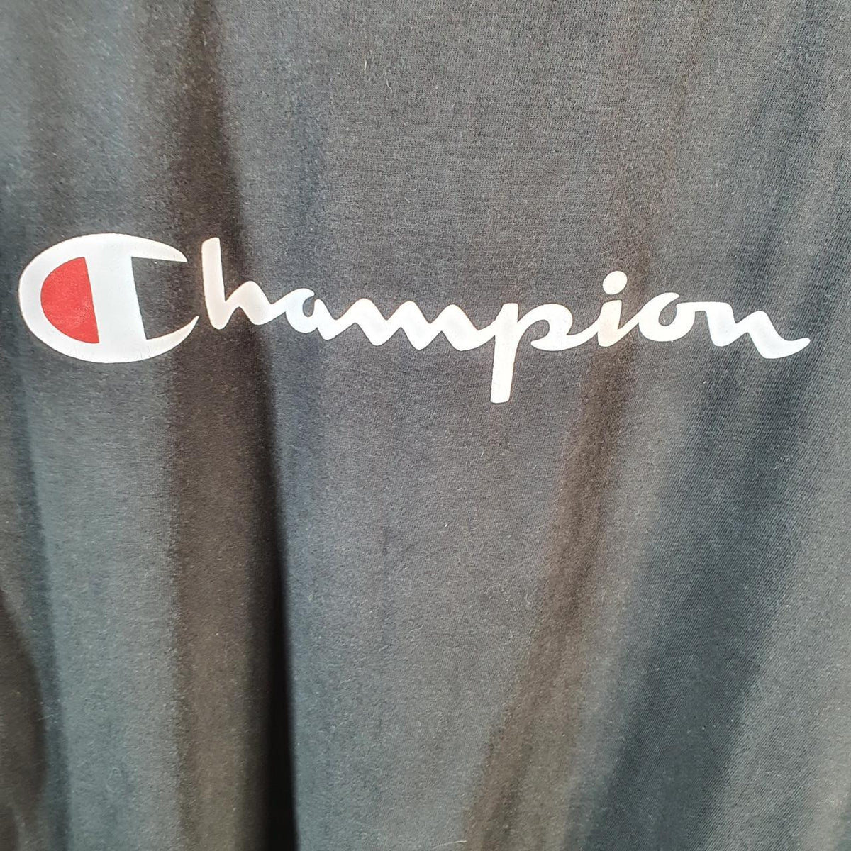 Vintage Champion Spellout T Shirt Men’s Large Black USA Athletic