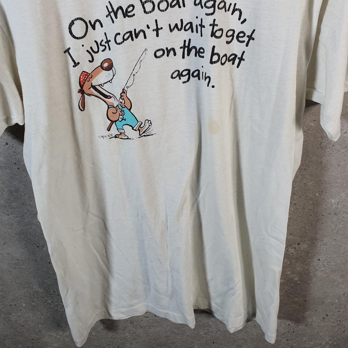 Vintage Dog Boat Fishing Graphic USA Single Stitch T Shirt Men’s Large White Big Fish Vintage