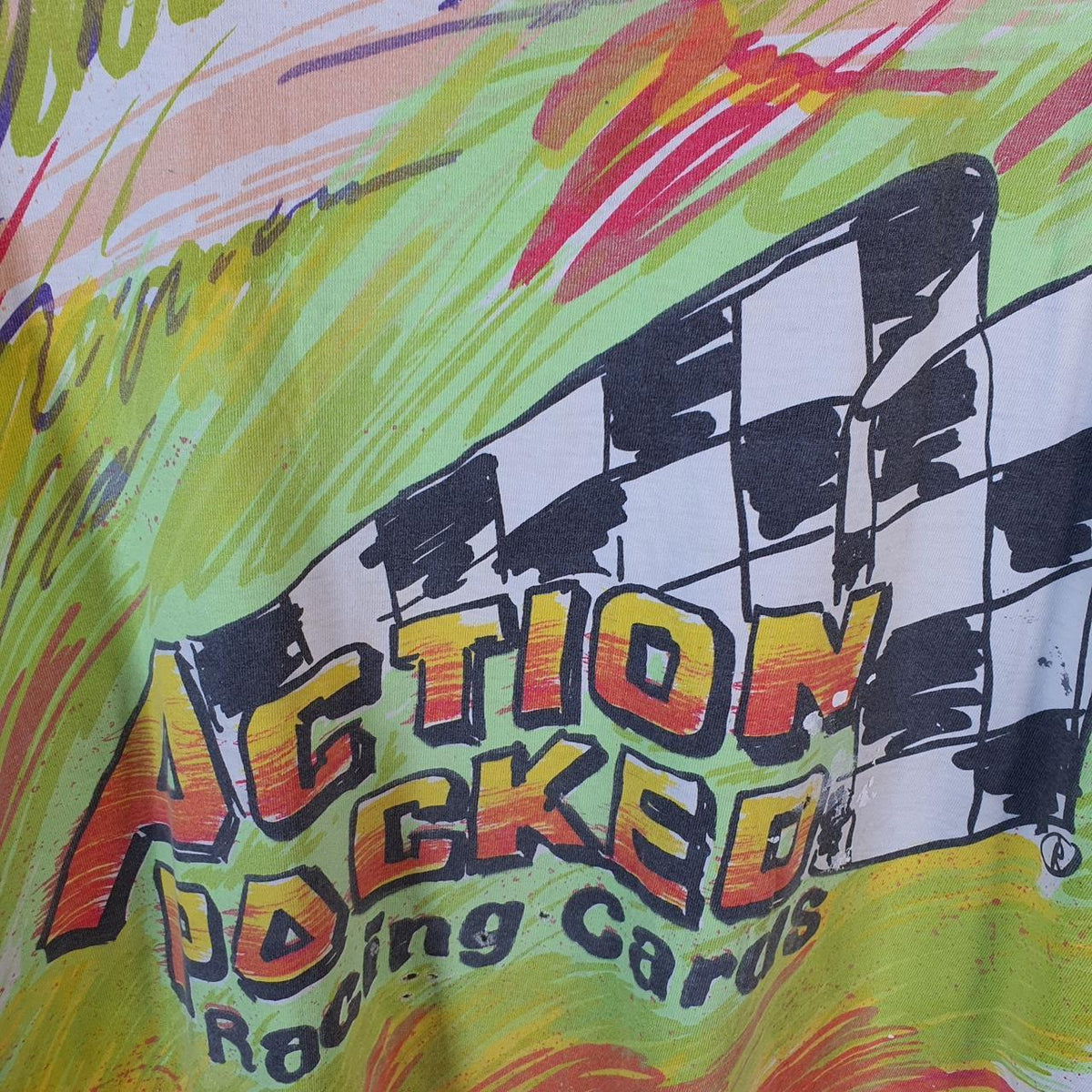 Vintage Anvil USA Graphic Action Packed Racing Cards 90s Single Stitch T Shirt Men’s XL White Big Fish Vintage