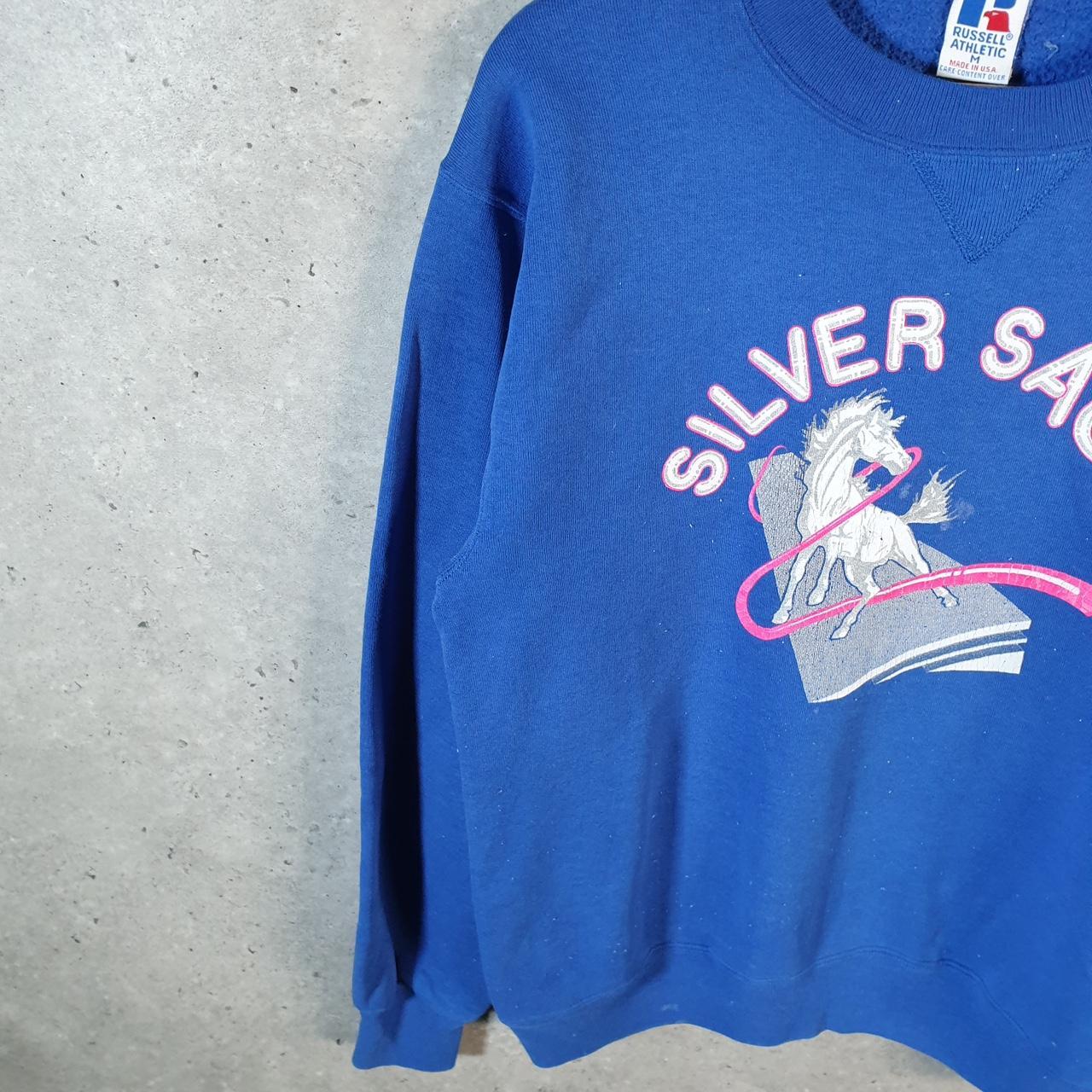 Vintage Russell Athletic Sweatshirt Womens Medium Blue USA Silver Sage Unicorn