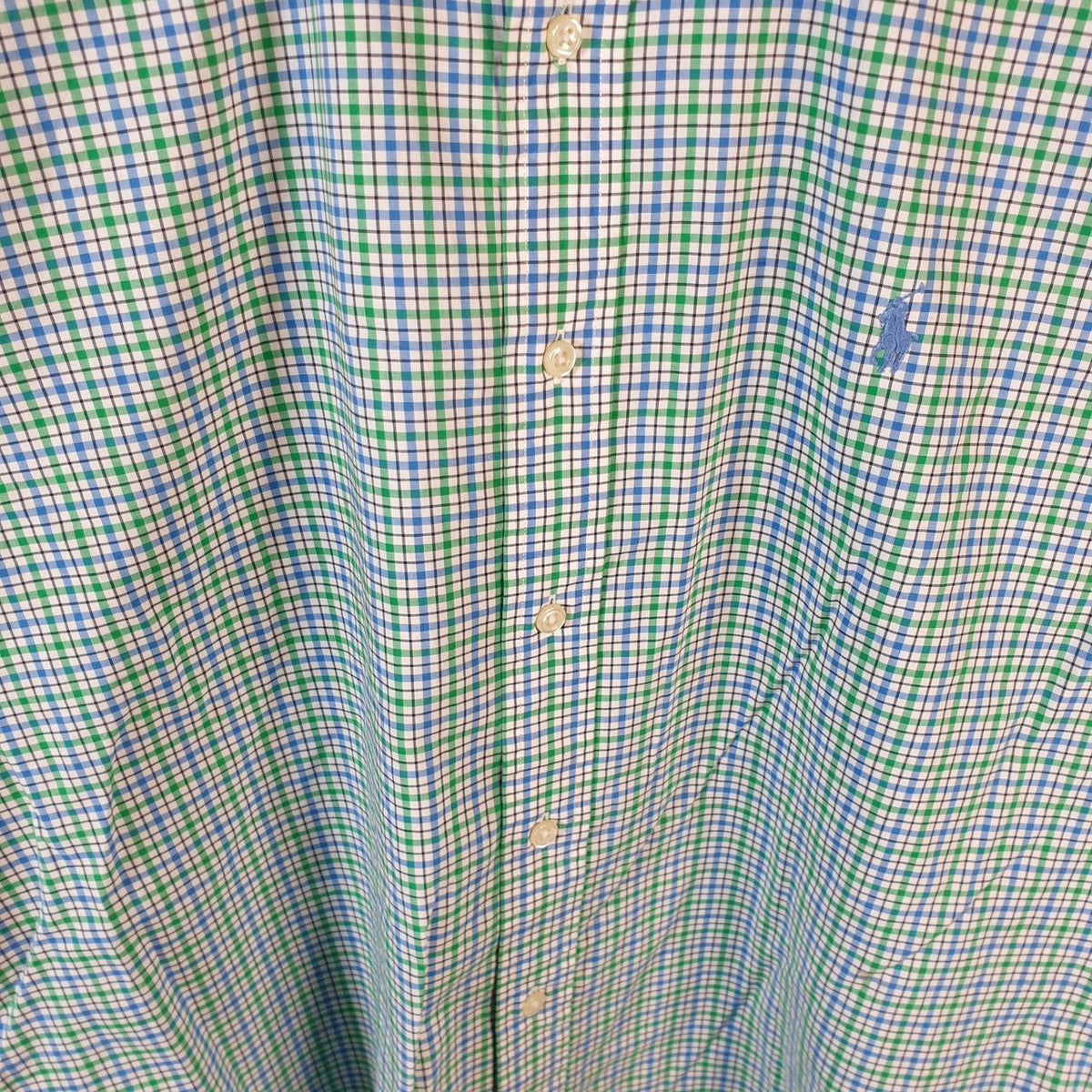 Vintage Ralph Lauren Button Down Shirt Men’s Large Green Checkered Stretch Fit Pony Cotton Big Fish Vintage