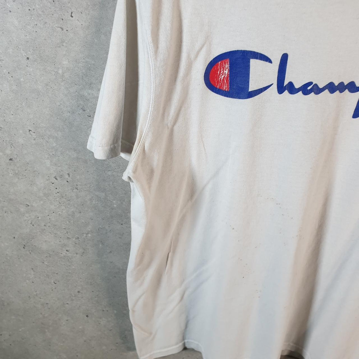 Vintage Champion Embroidered Spellout T Shirt Men’s XL White American USA Athletic