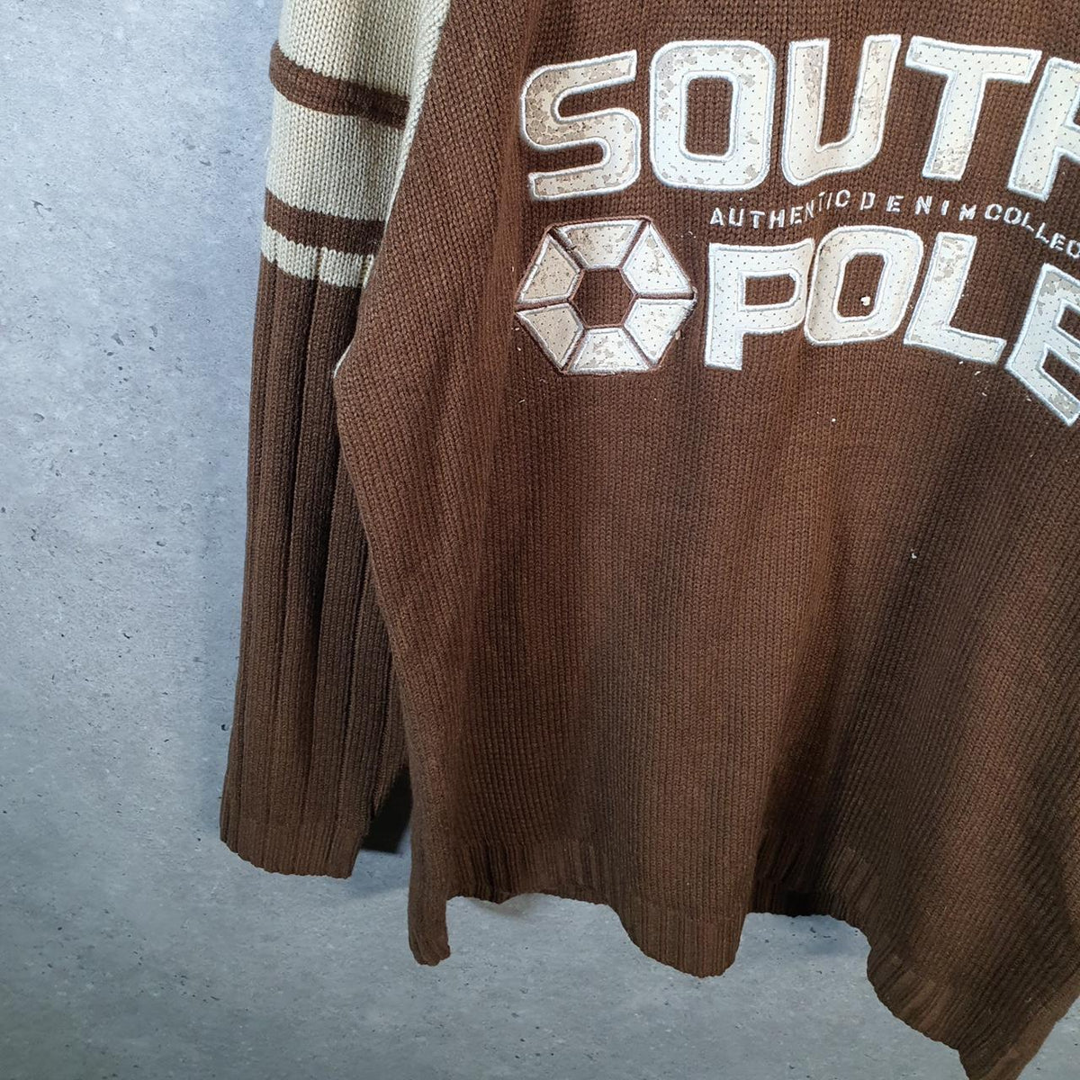 Vintage SouthPole Y2K Spellout Knit Sweater Jumper Mens Large Brown Pullover Hip Hop