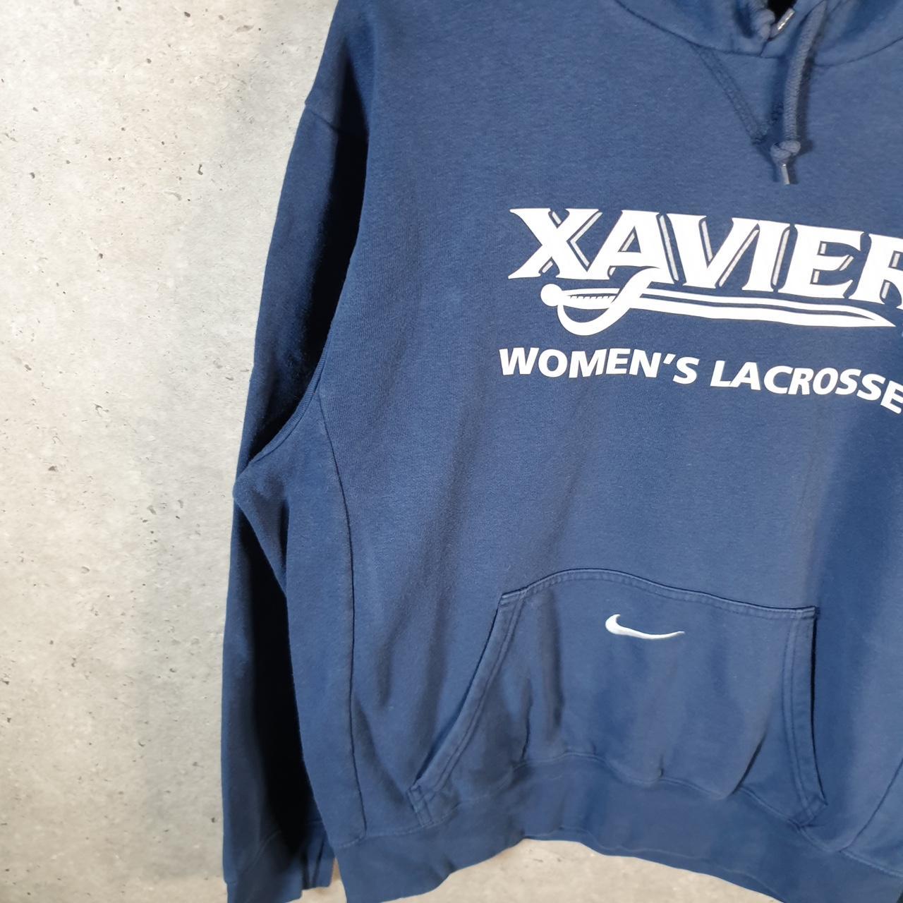 Vintage Nike Centre Swoosh Xavier Lacrosse Hoodie Men’s Small Navy Blue Swoosh Y2K