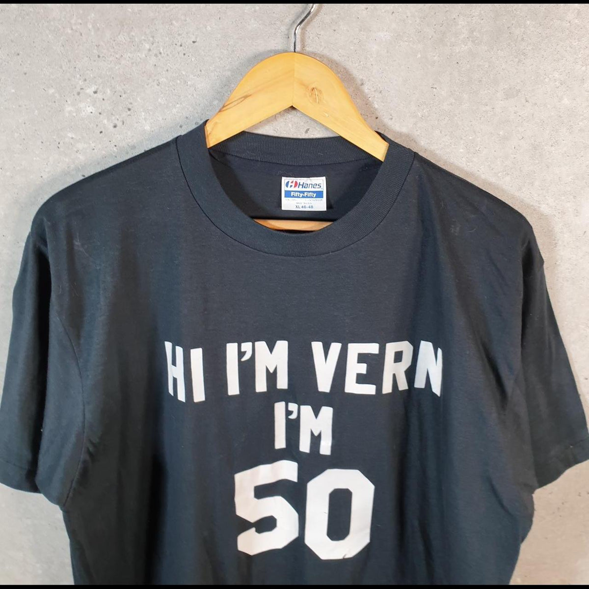 Vintage Hanes I’m Vern I’m 50 90s USA Single Stitch T Shirt Men’s XL Black C8063