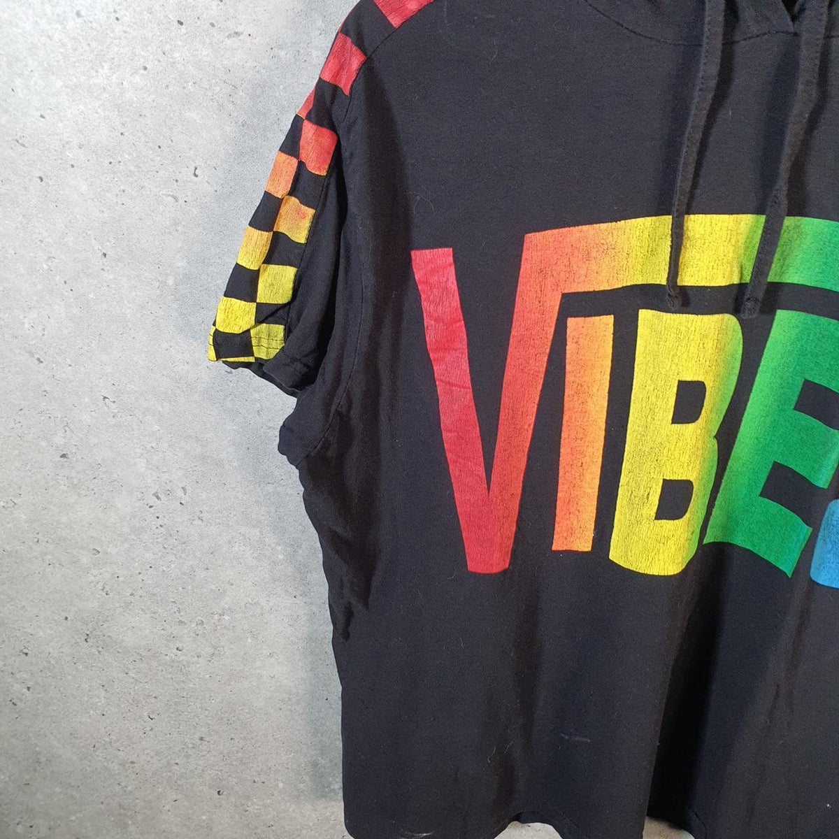 Vintage On Fire Vibes Spellout Hooded T Shirt Womens XL Black Casual sports Logo Athletic