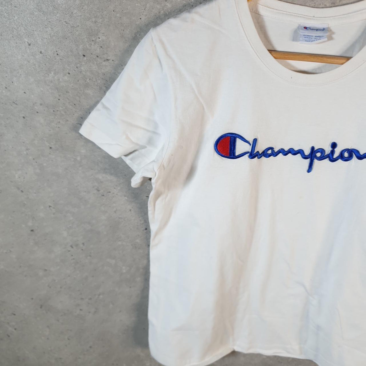 Vintage Champion T Shirt Womens Medium White Spellout Logo