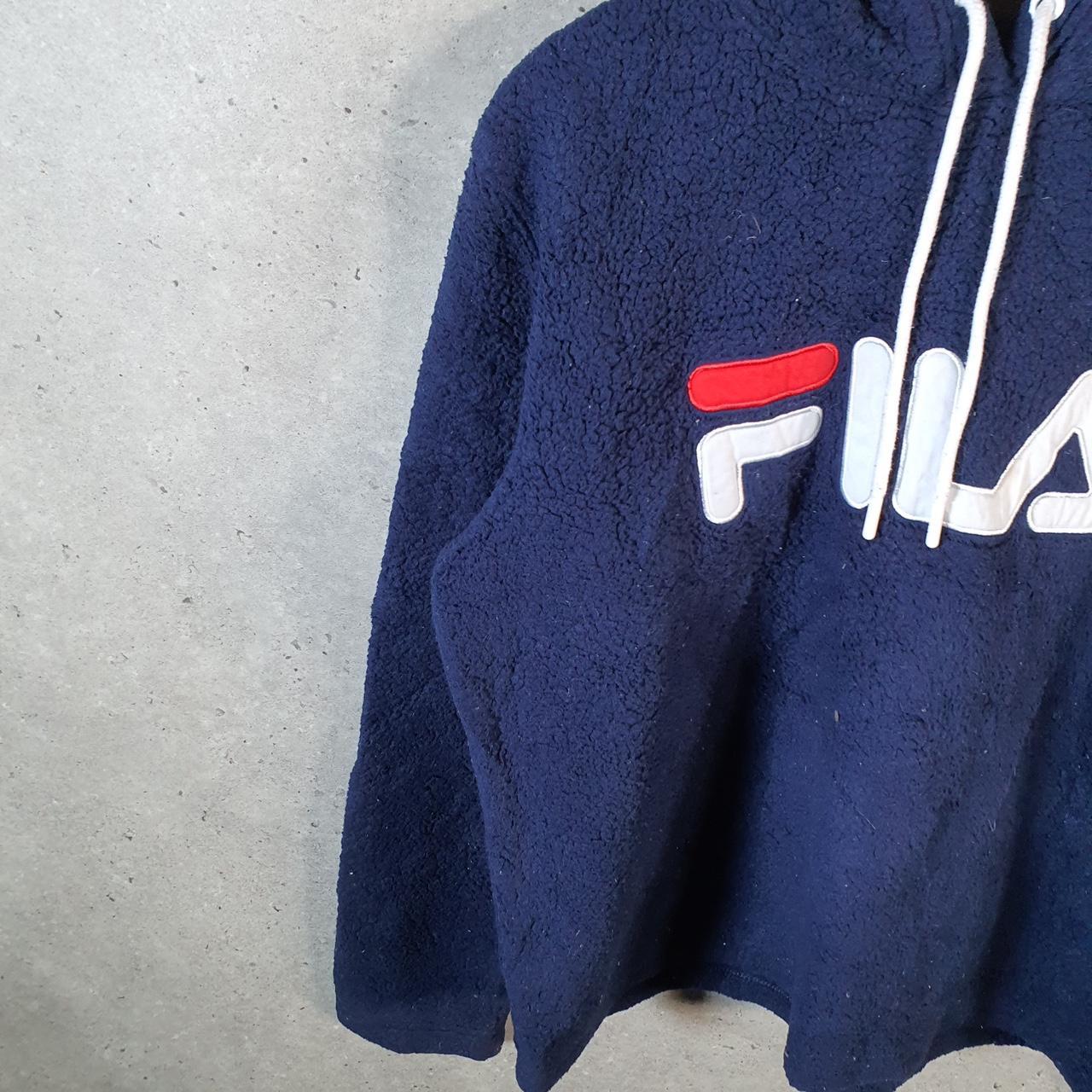 Vintage Fila Pullover Fleece Hoodie Womens Large Navy Blue Teddy Logo