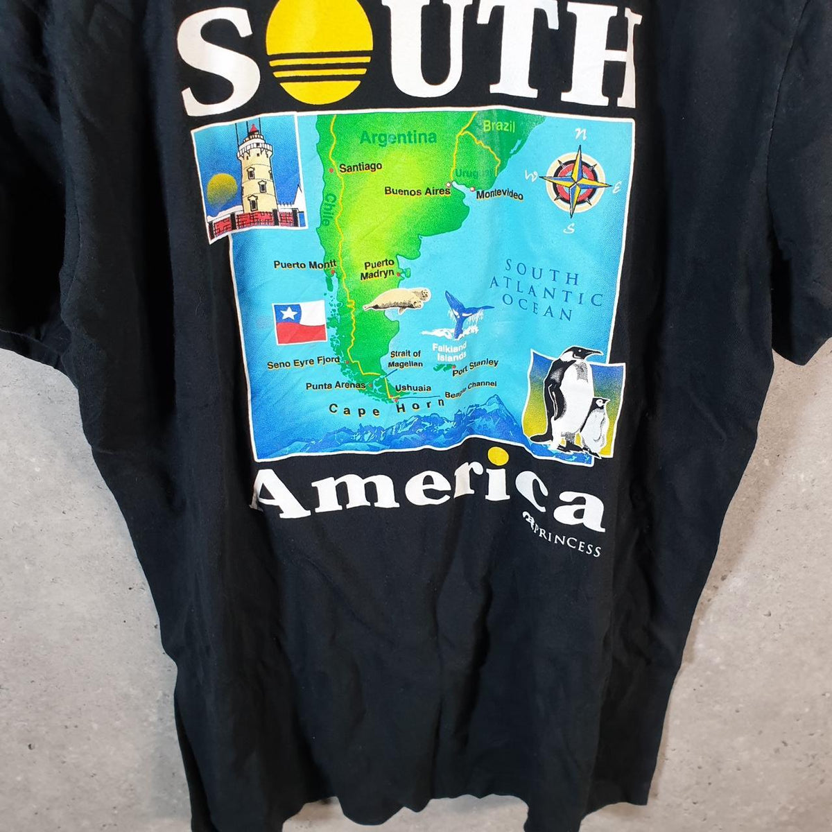 Vintage South America Princess Cruises Graphic USA Single Stitch T Shirt Men’s Medium Black Big Fish Vintage
