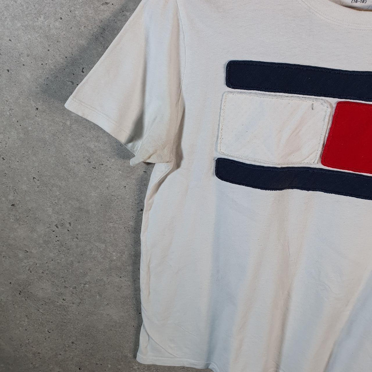 Vintage Tommy Hilfiger T Shirt Womens XL White Logo Embroidered Round Neck