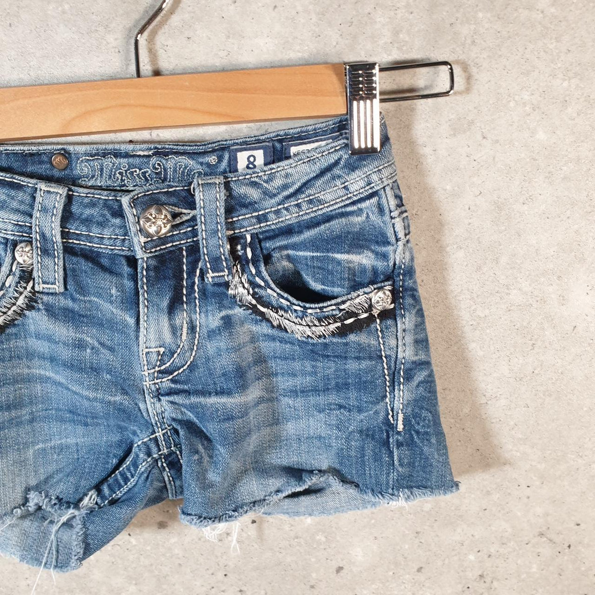 Vintage Miss Me Baggy Y2K Hip Hop Jeans Shorts Jorts Girls 12 Years Old Blue Denim Low Rise